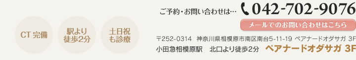 CT完備／駅より徒歩2分／土日祝も診療　ご予約・お問い合わせは…TEL 042-702-9076　〒252-0314  神奈川県相模原市南区南台5-11-19 ペアナードオダサガ 3F